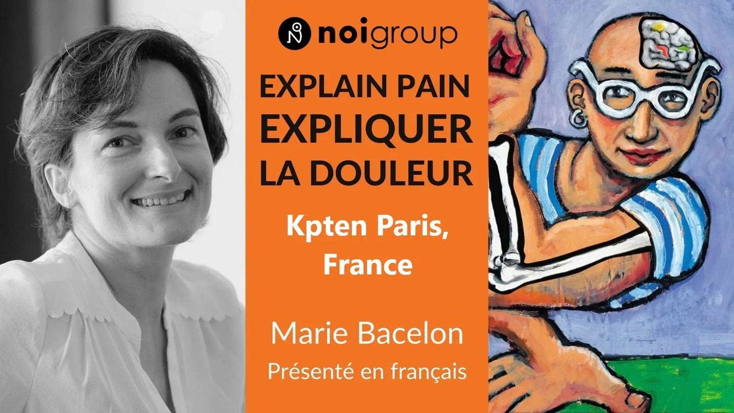 Bannière Kpten Formation : photo d'une femme souriante, illustration colorée d'un homme, texte 'Explain Pain Expliquer la douleur', promotion de formation en kinésithérapie Paris.